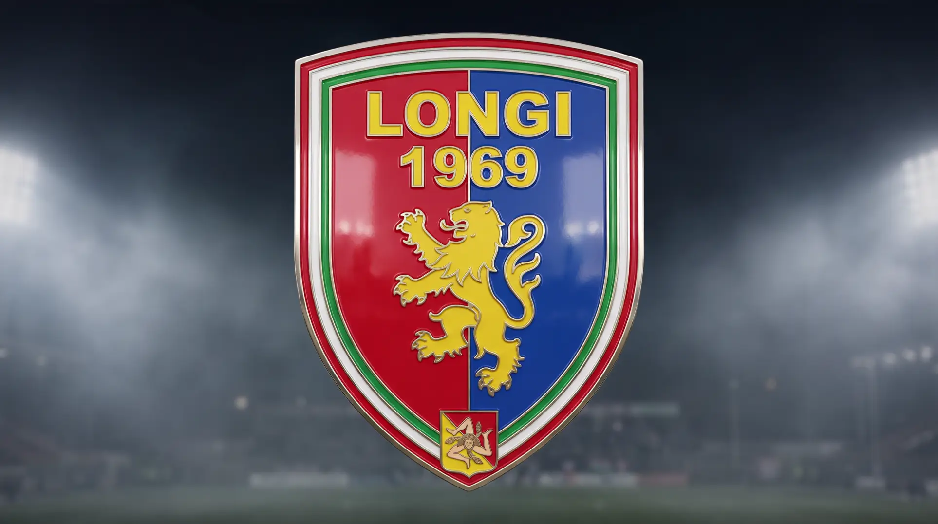 Leone dorato che si risveglia e ruggisce davanti allo stemma del Longi 1969